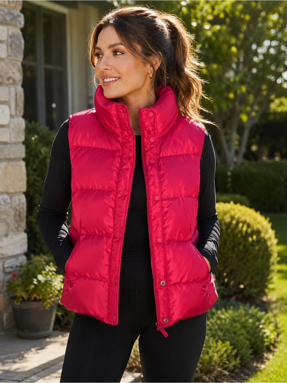 Women’s Red Quilted Puffer Vest High Collar Snap Zip Lightweight Winter Jacket